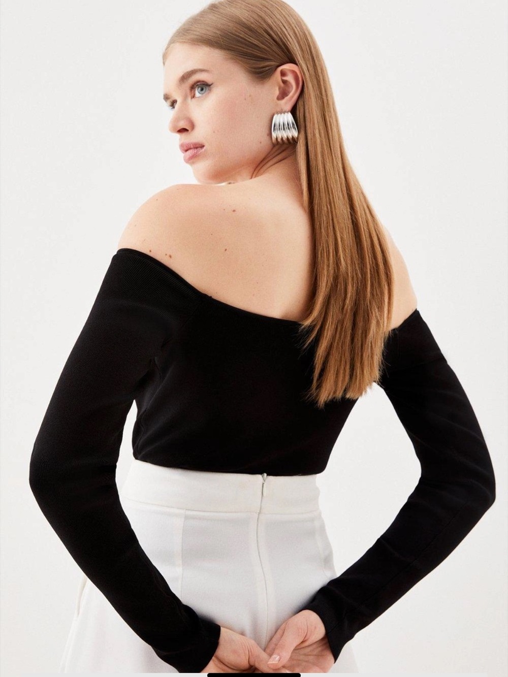Karen Millen Body Contouring Black Long Sleeve Bardot Knit Thong Bodysuit XS